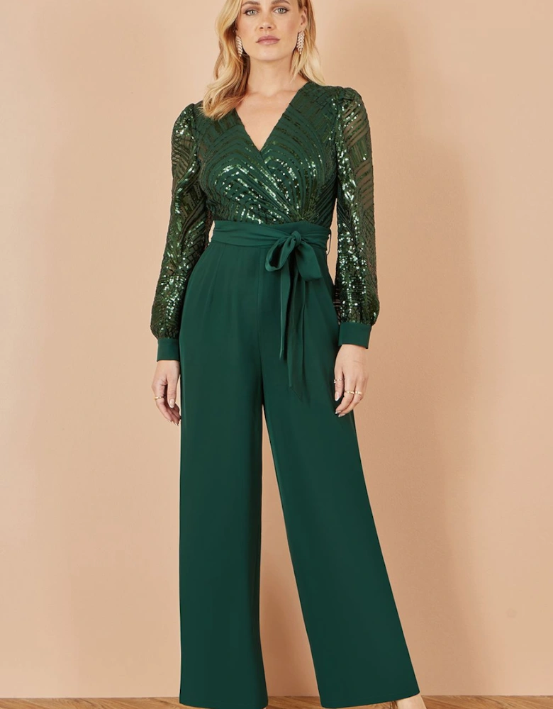 Green Sequin Wrap Over Jumpsuit
