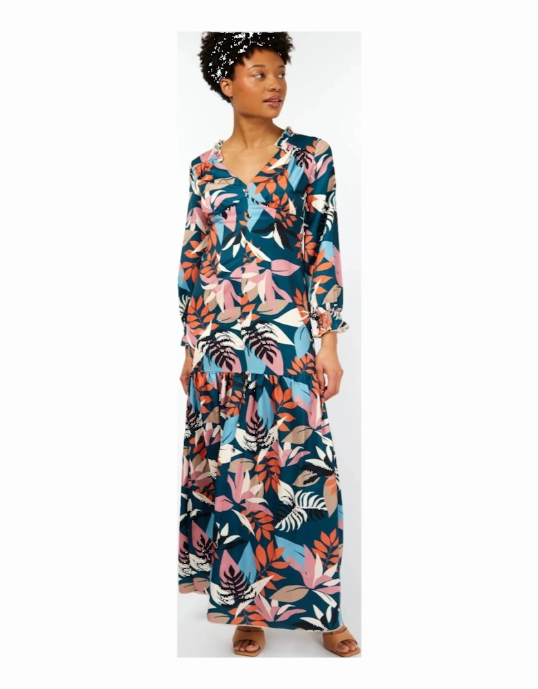 Barcelona Leaf Print Satin Frill Maxi Dress
