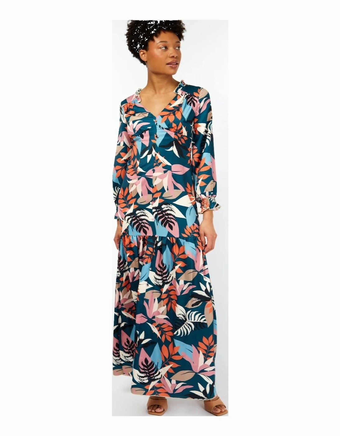 Barcelona Leaf Print Satin Frill Maxi Dress, 2 of 1
