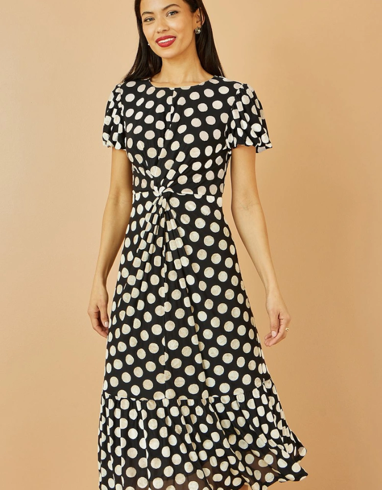 Black Velvet Spot Print Twist Knot Waist Midi Dress