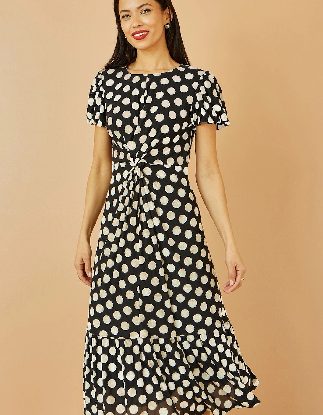 Black Velvet Spot Print Twist Knot Waist Midi Dress, 2 of 1