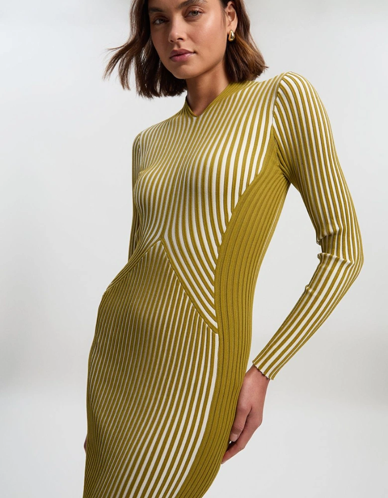 Stripe Fitted Long Sleeve Knitted Midi Dress