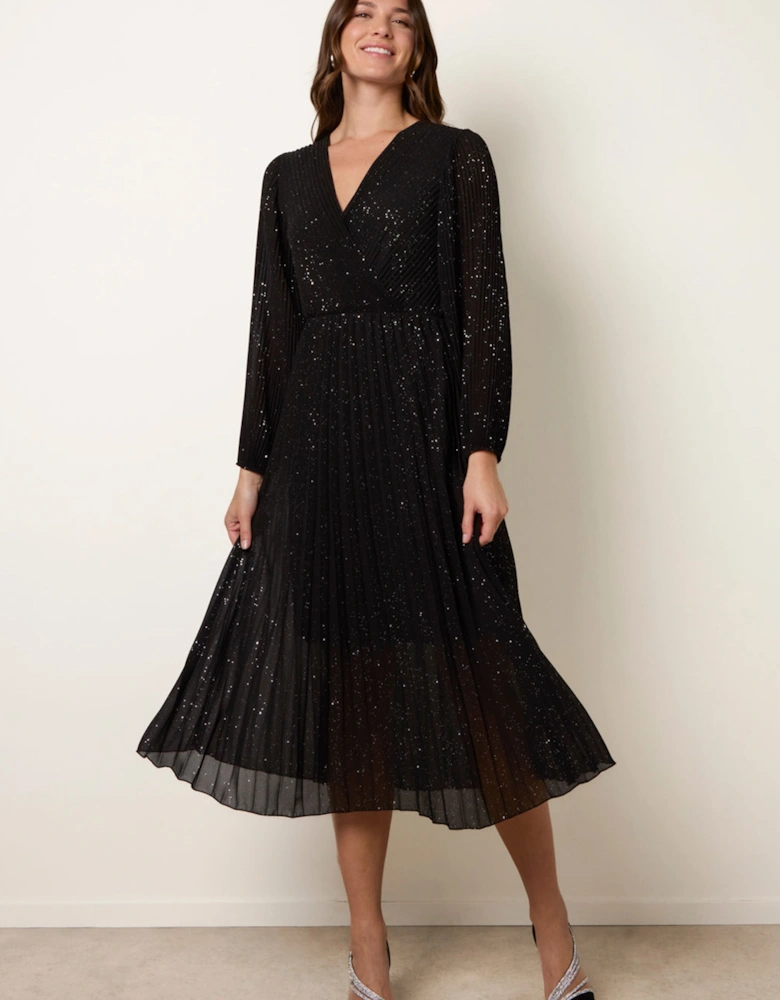 Black Pleated Crossover Metallic Glitter Dress