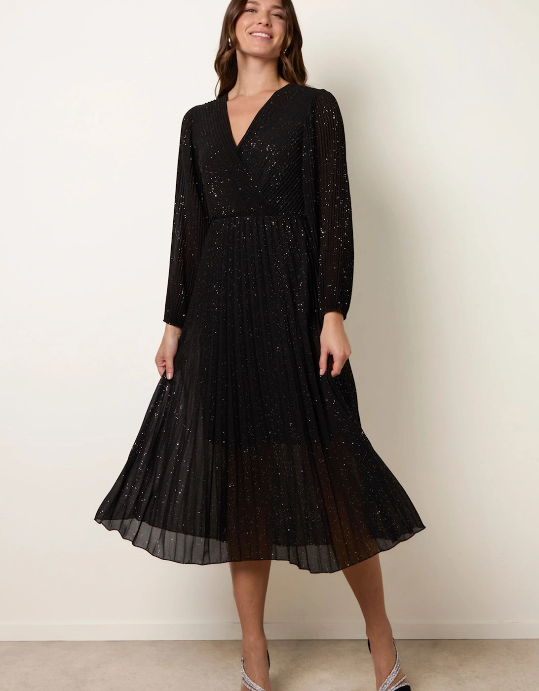 Black Pleated Crossover Metallic Glitter Dress, 2 of 1