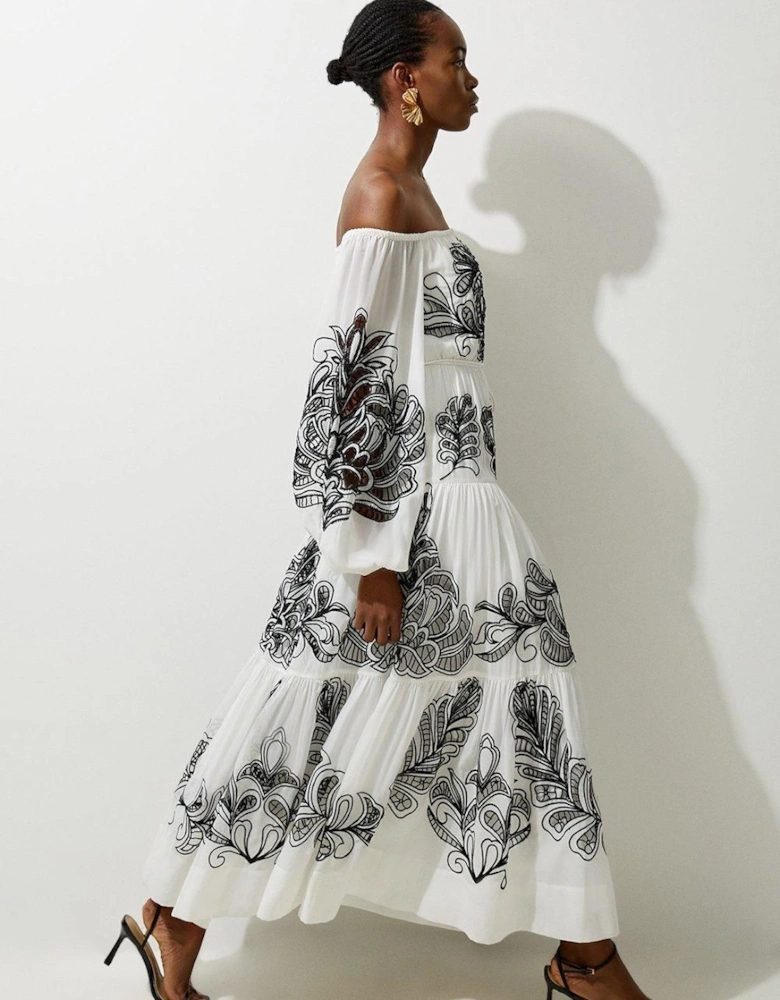 Viscose Georgette Placed Cutwork Bardot Woven Maxi Dress