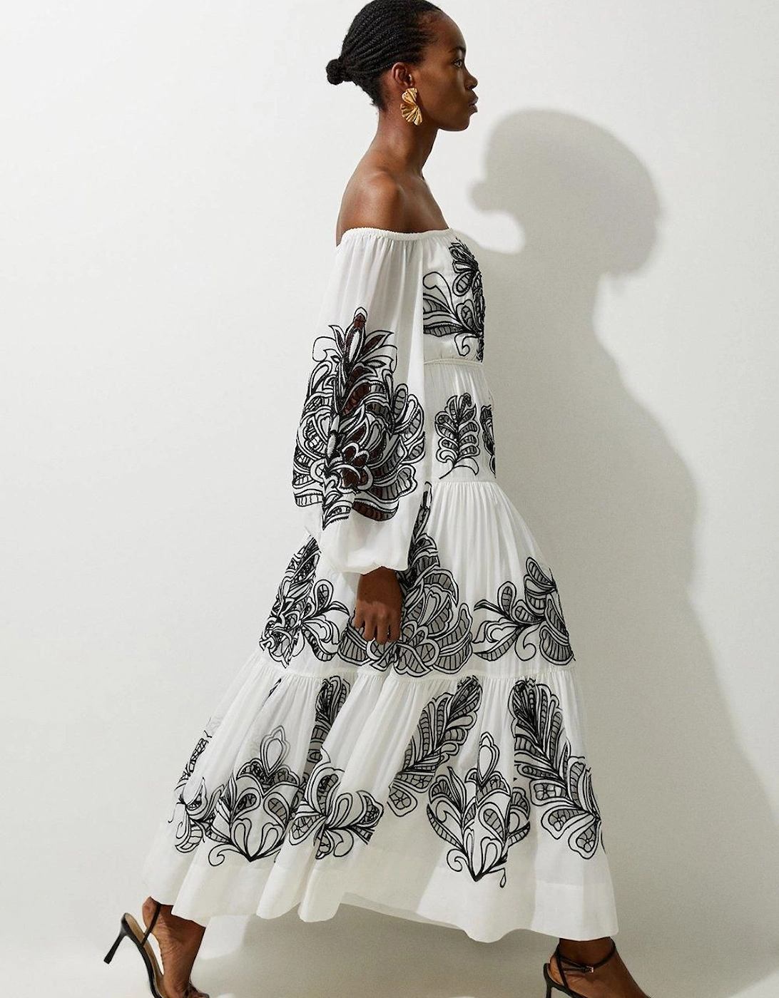 Viscose Georgette Placed Cutwork Bardot Woven Maxi Dress, 2 of 1