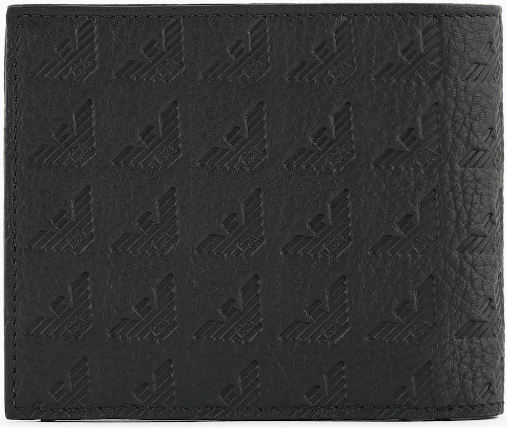 Allover Embossed Eagle Logo Black Leather Wallet