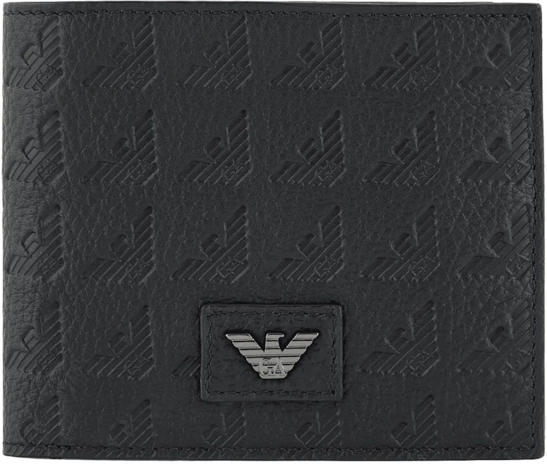 Allover Embossed Eagle Logo Black Leather Wallet