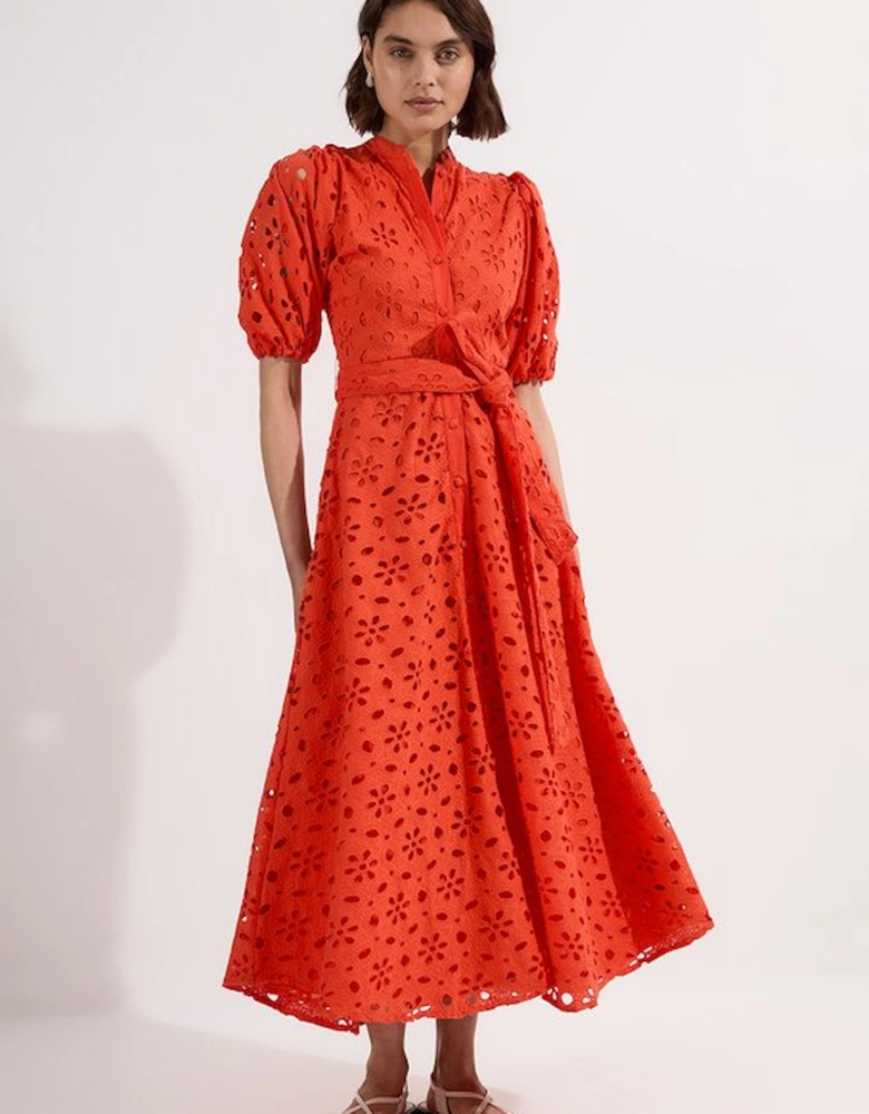 Cotton Broderie Belted Short Sleeve Woven Midi Dress