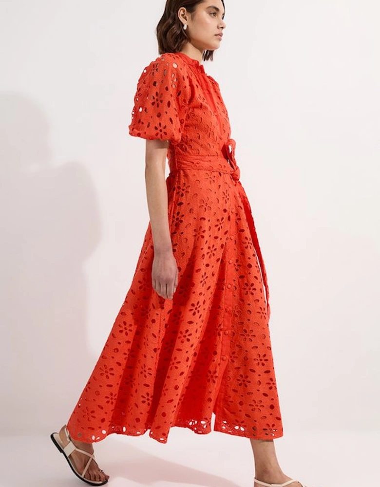 Cotton Broderie Belted Short Sleeve Woven Midi Dress