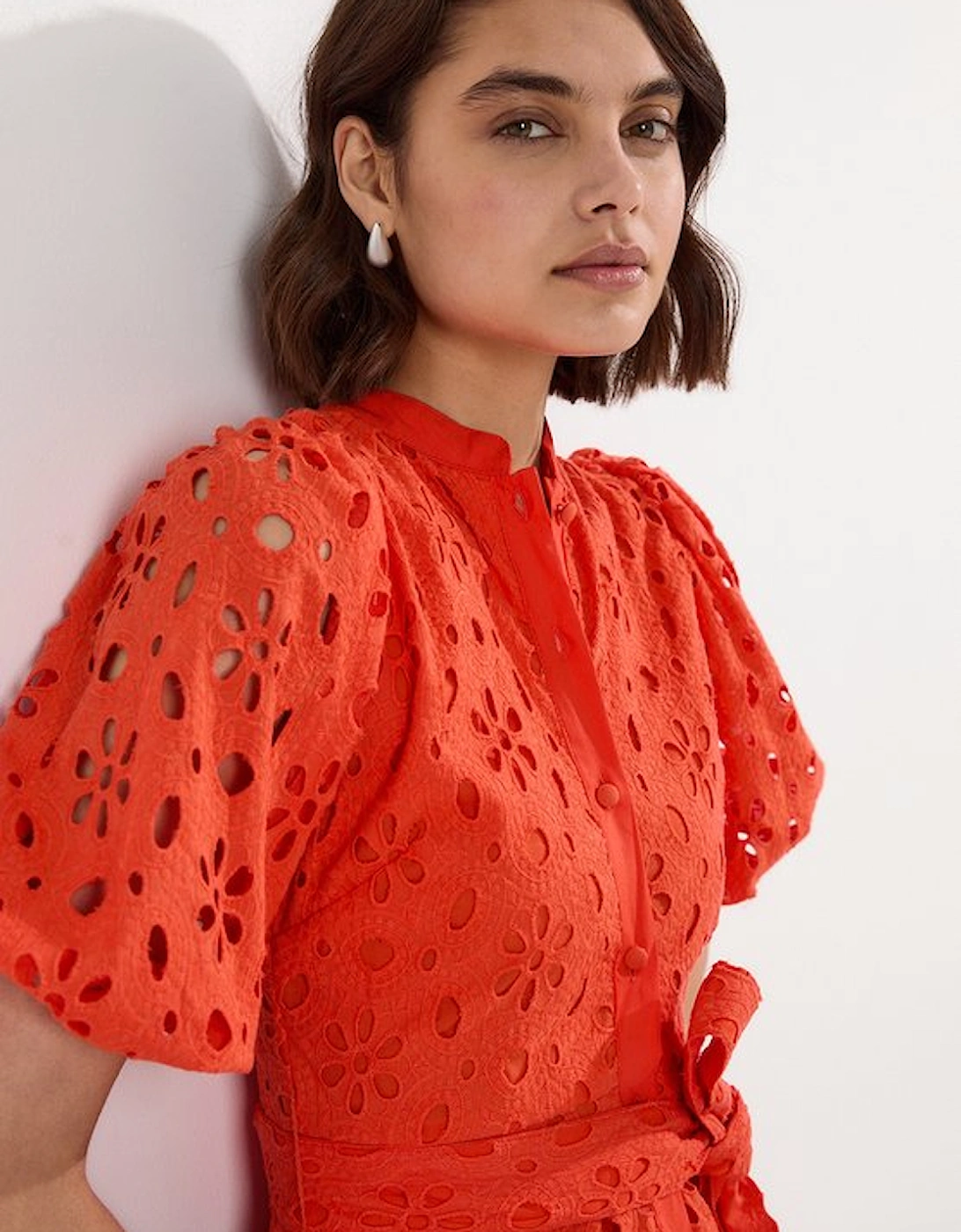 Cotton Broderie Belted Short Sleeve Woven Midi Dress