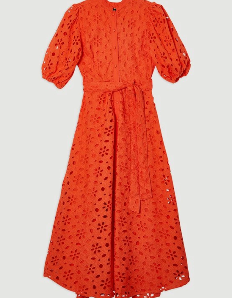 Cotton Broderie Belted Short Sleeve Woven Midi Dress