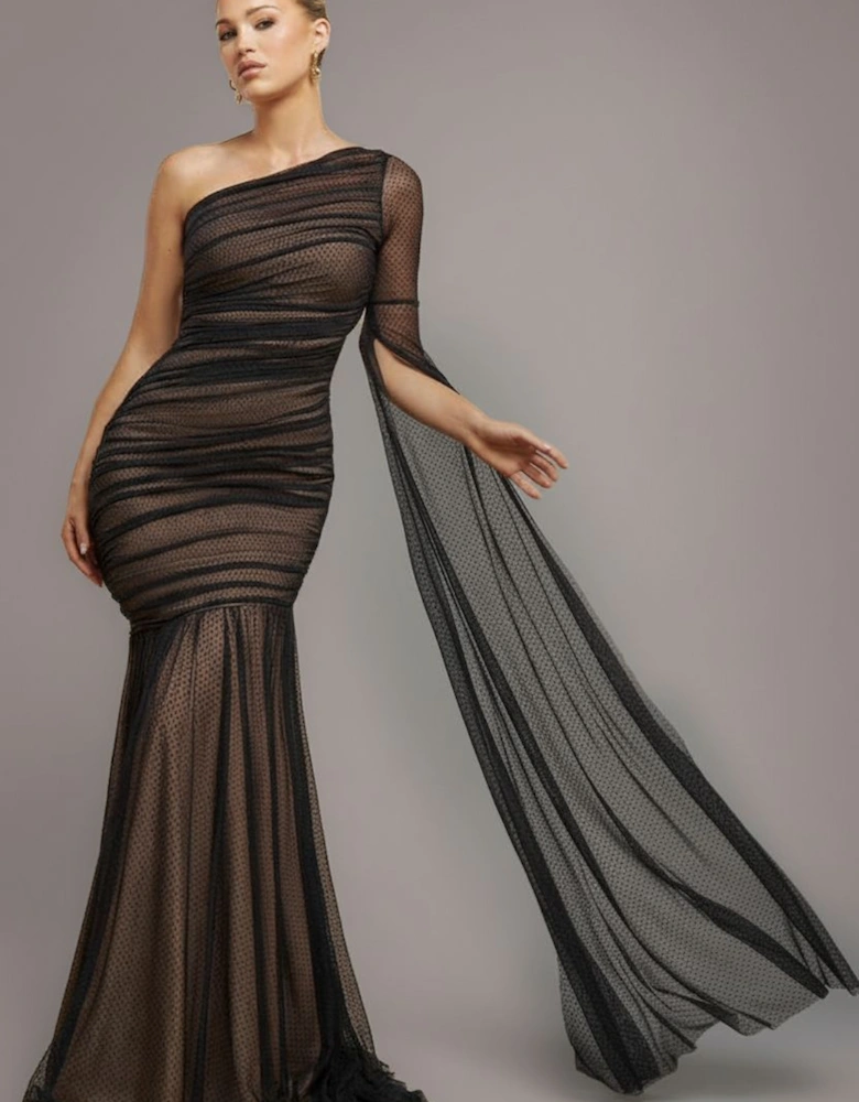 Gathered One Sleeve Angel Wing Mermaid Maxi Dress