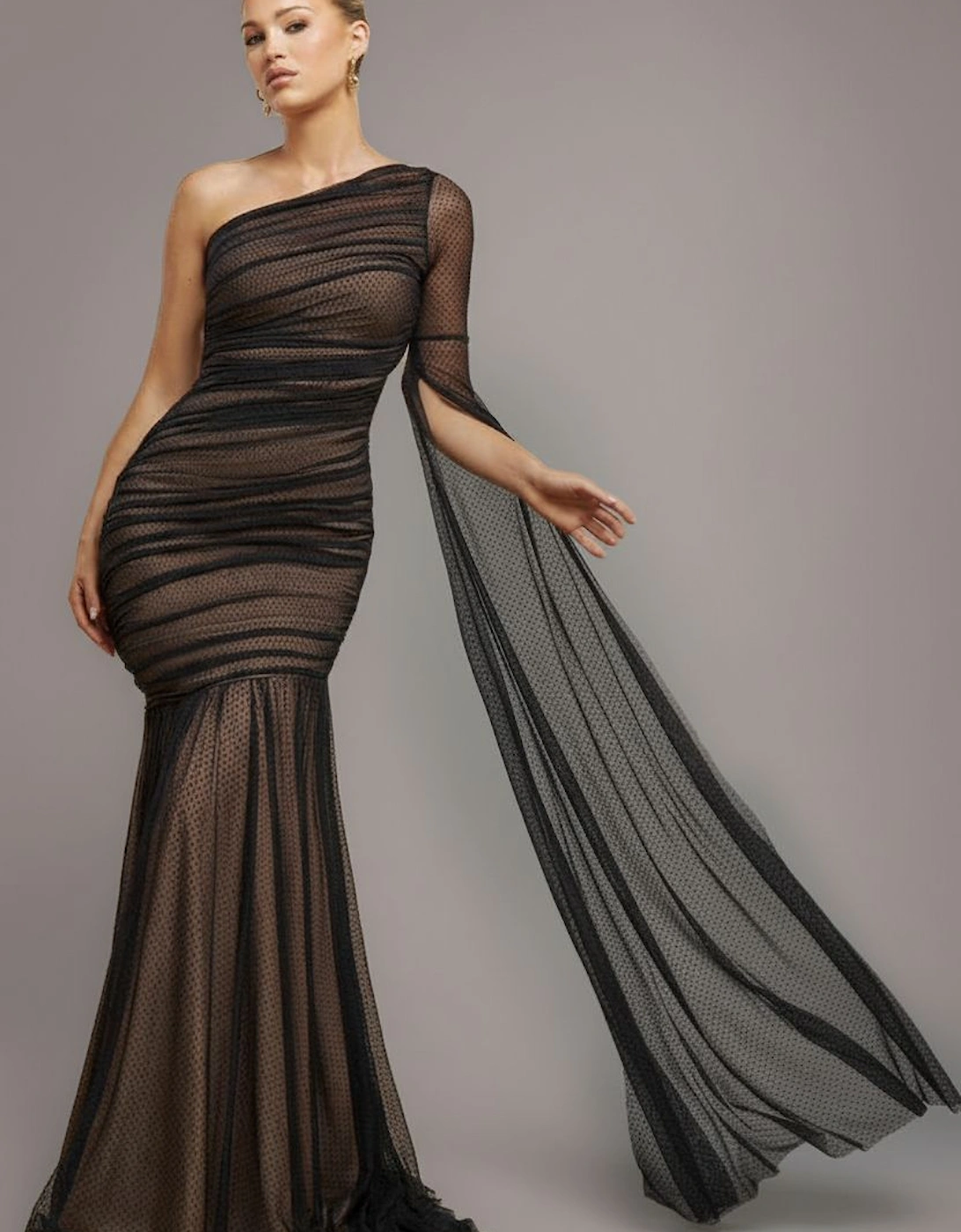 Gathered One Sleeve Angel Wing Mermaid Maxi Dress, 2 of 1