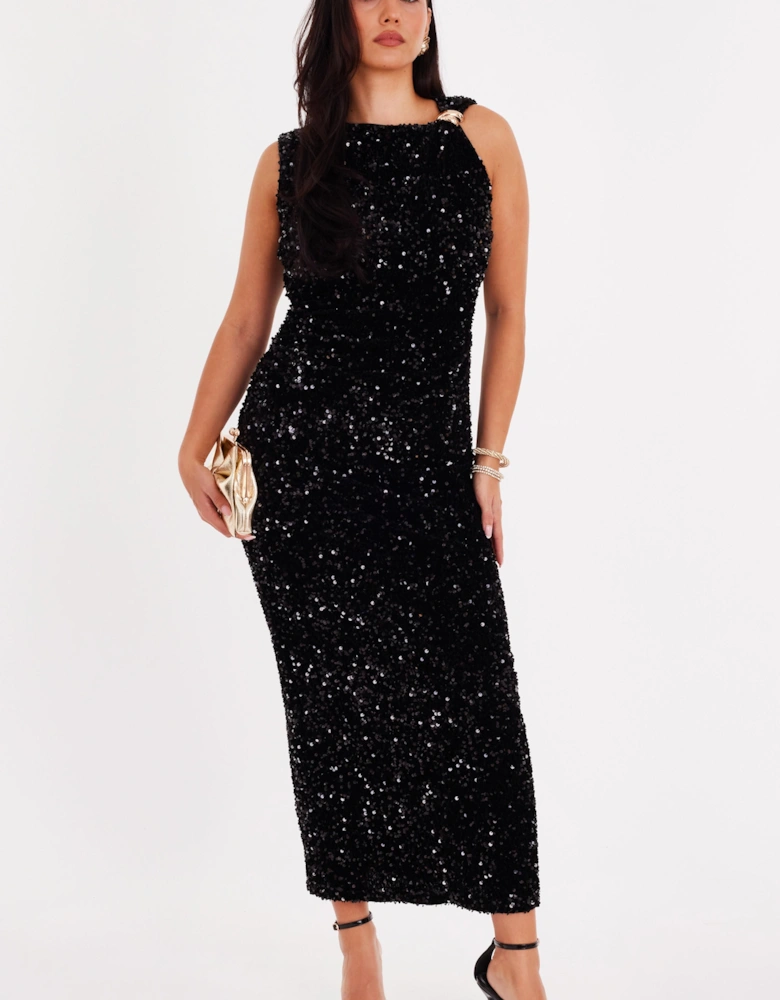 Black Sequin Buckle Detail Midaxi Dress
