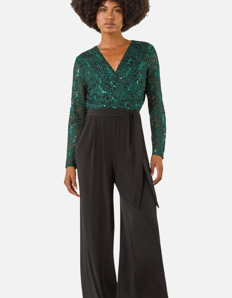 Sequin Lace V-Neck Stretch Jumpsuit