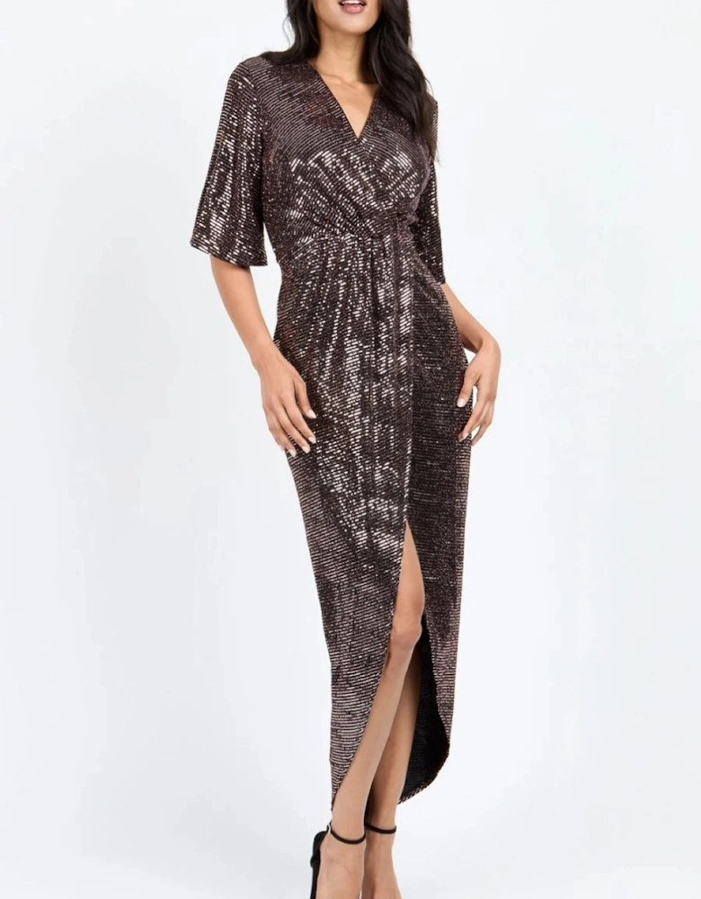 Bronze Foil Mock Wrap Maxi Dress