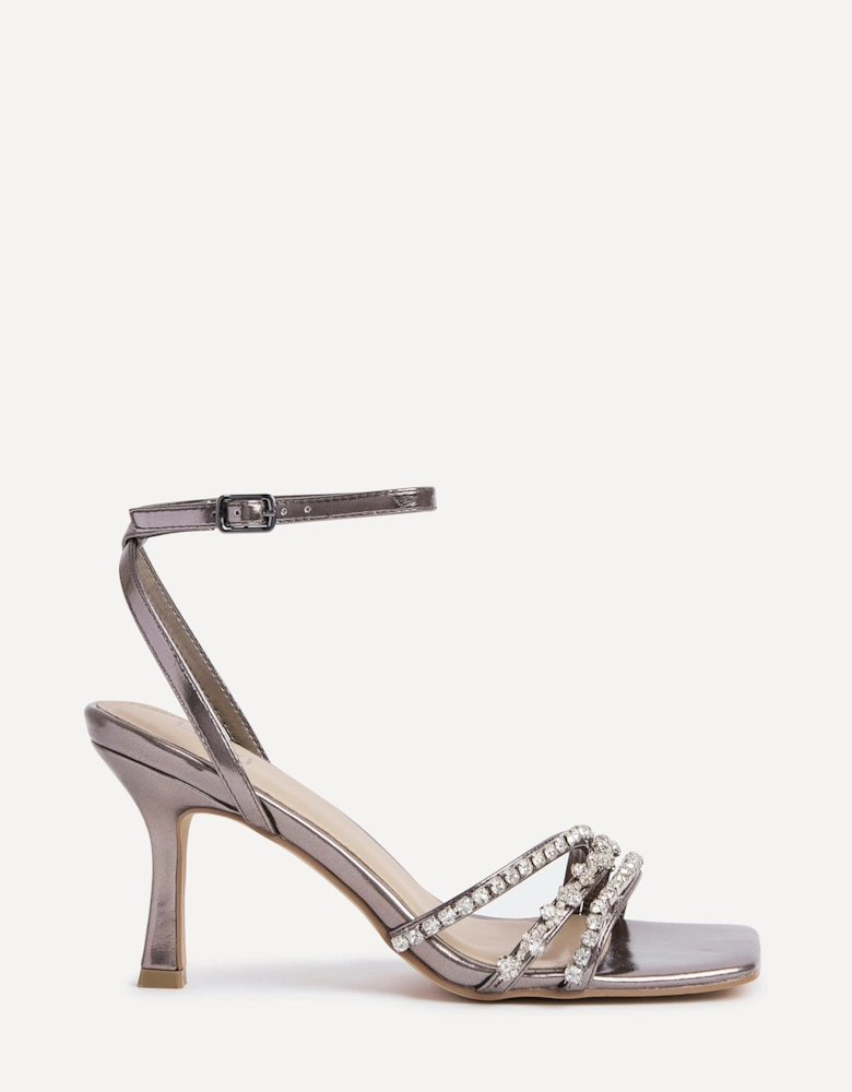 Bling Pewter Faux Leather Strappy Diamante Heel