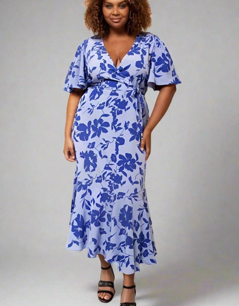 Blue Floral Wrap Midi Dress