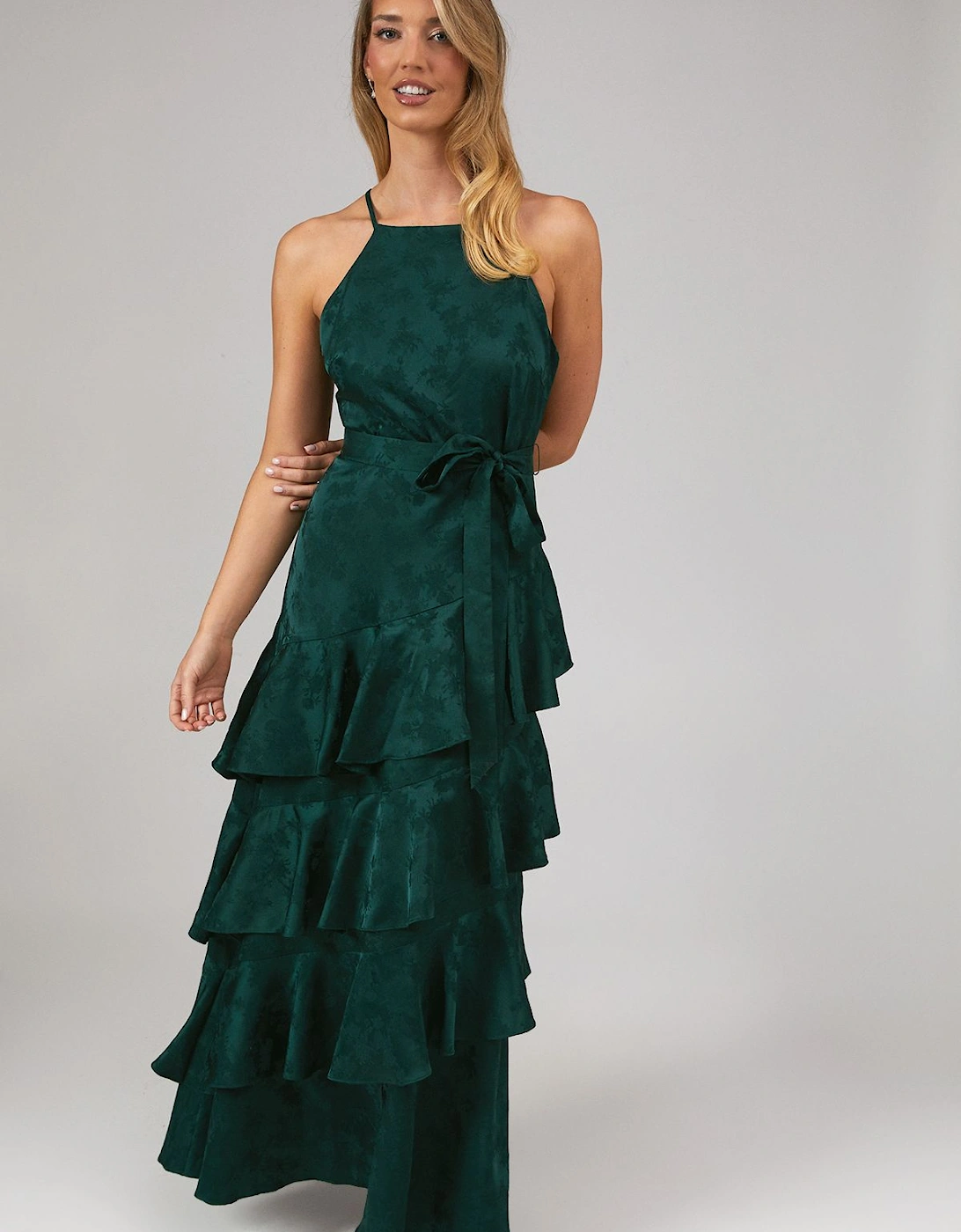 Satin Jacquard Ruffle Halter Neck Bridesmaid Dress, 2 of 1