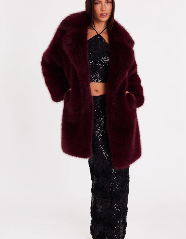 Burgundy Faux Fur Longline Coat