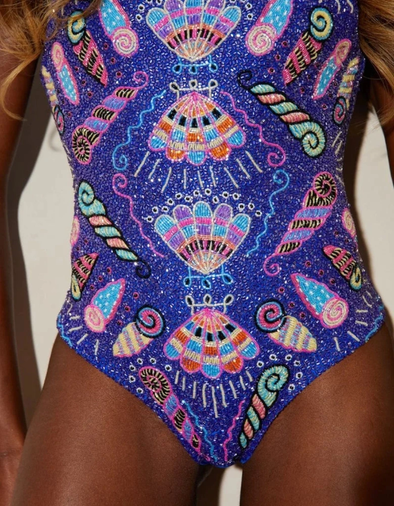 x Zandra Rhodes Dream Shell Hand Beaded Swimsuit Purple