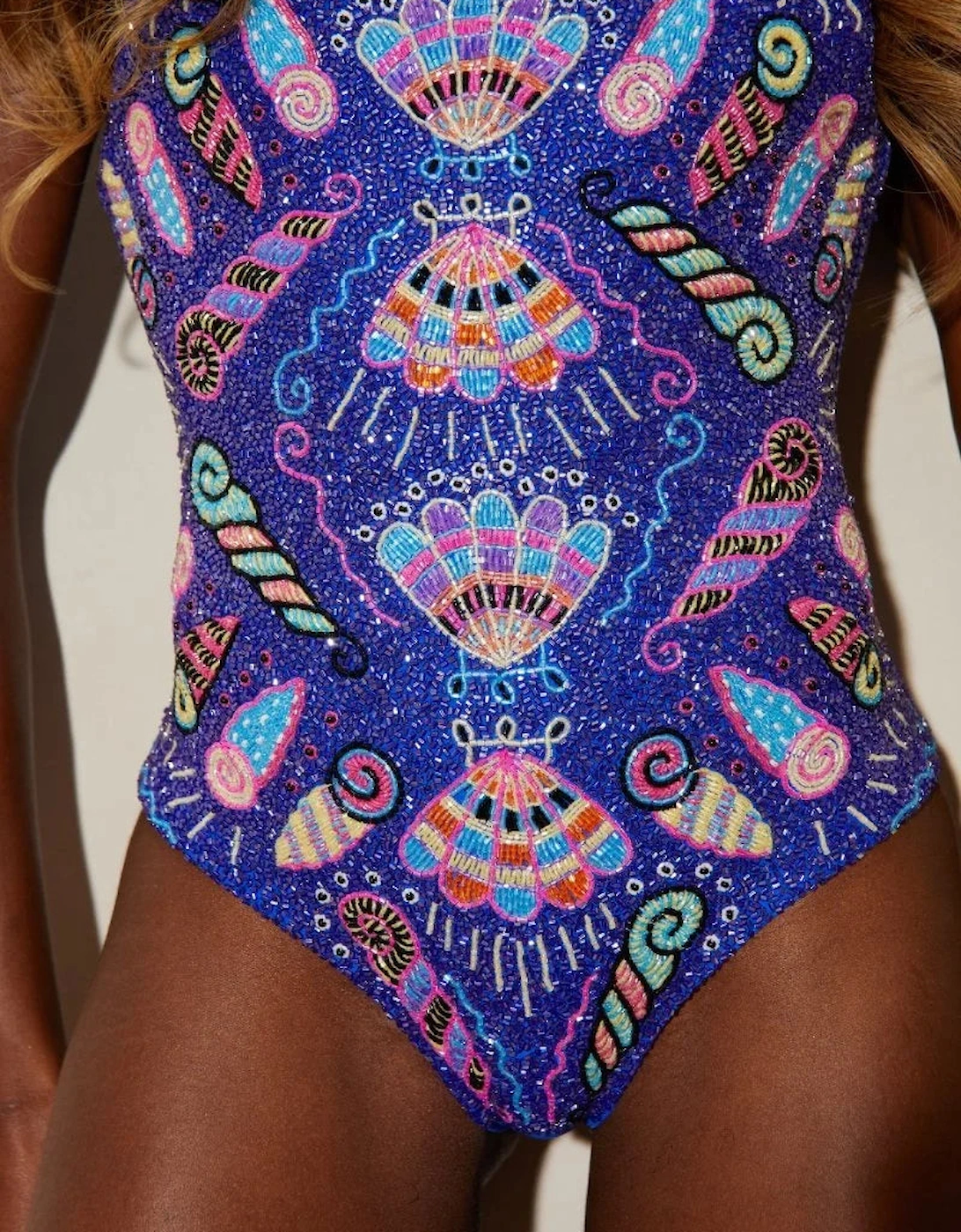 x Zandra Rhodes Dream Shell Hand Beaded Swimsuit Purple