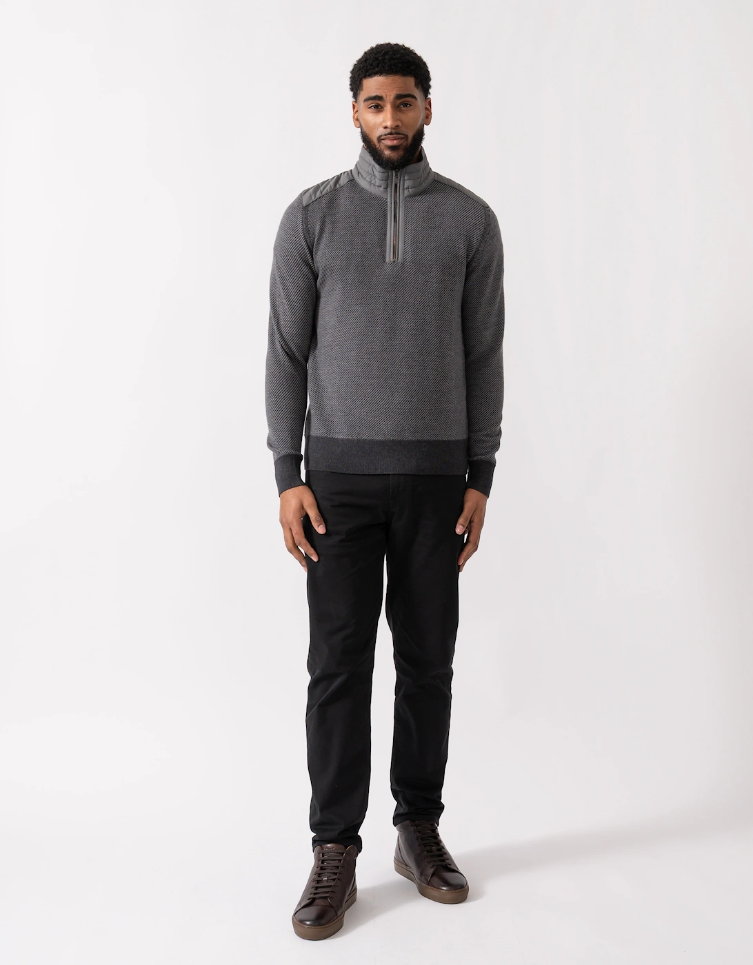 Kilmington Mens Quarter Zip Funnel Neck Jumper - Charcoal/Mid Grey