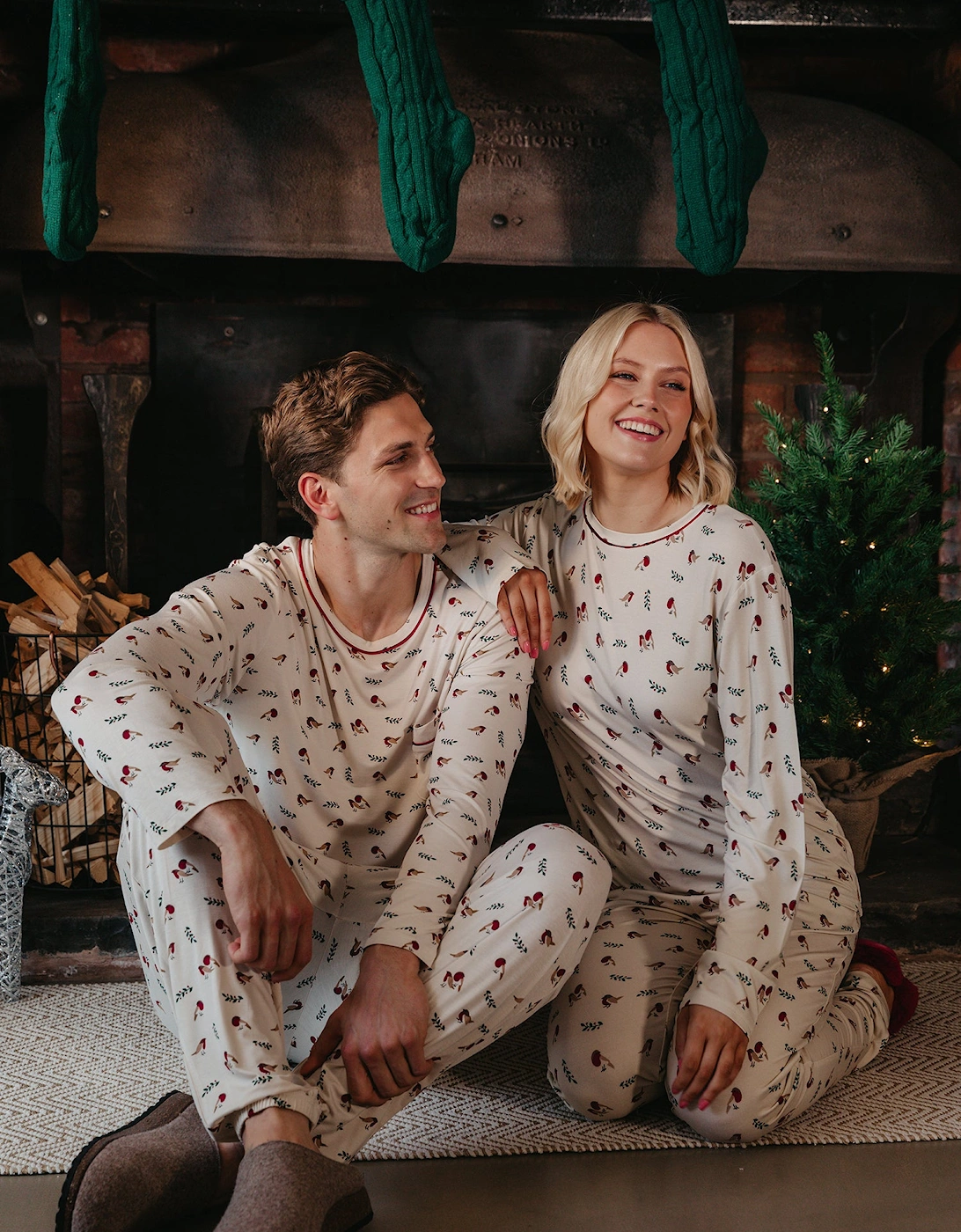 His and Hers Bamboo Festive Pyjama Set in Robin Print, 8 of 7