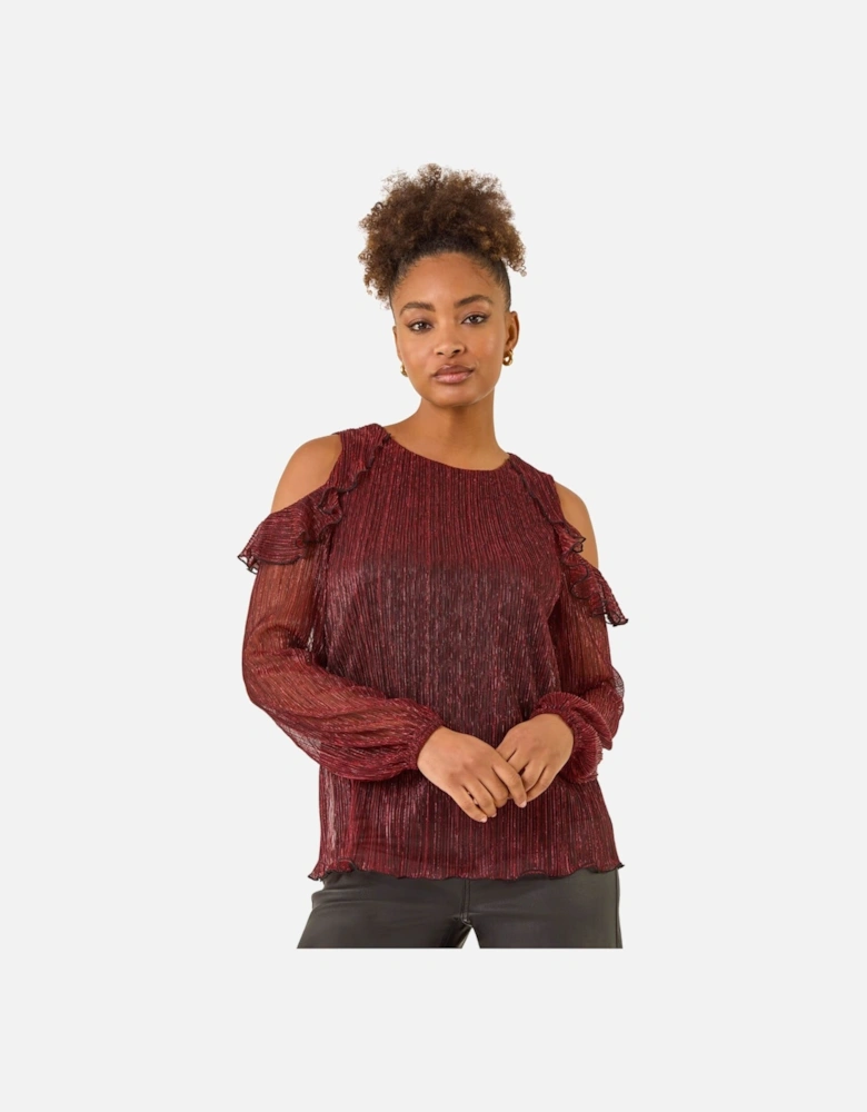 Shimmer Plisse Cold Shoulder Top