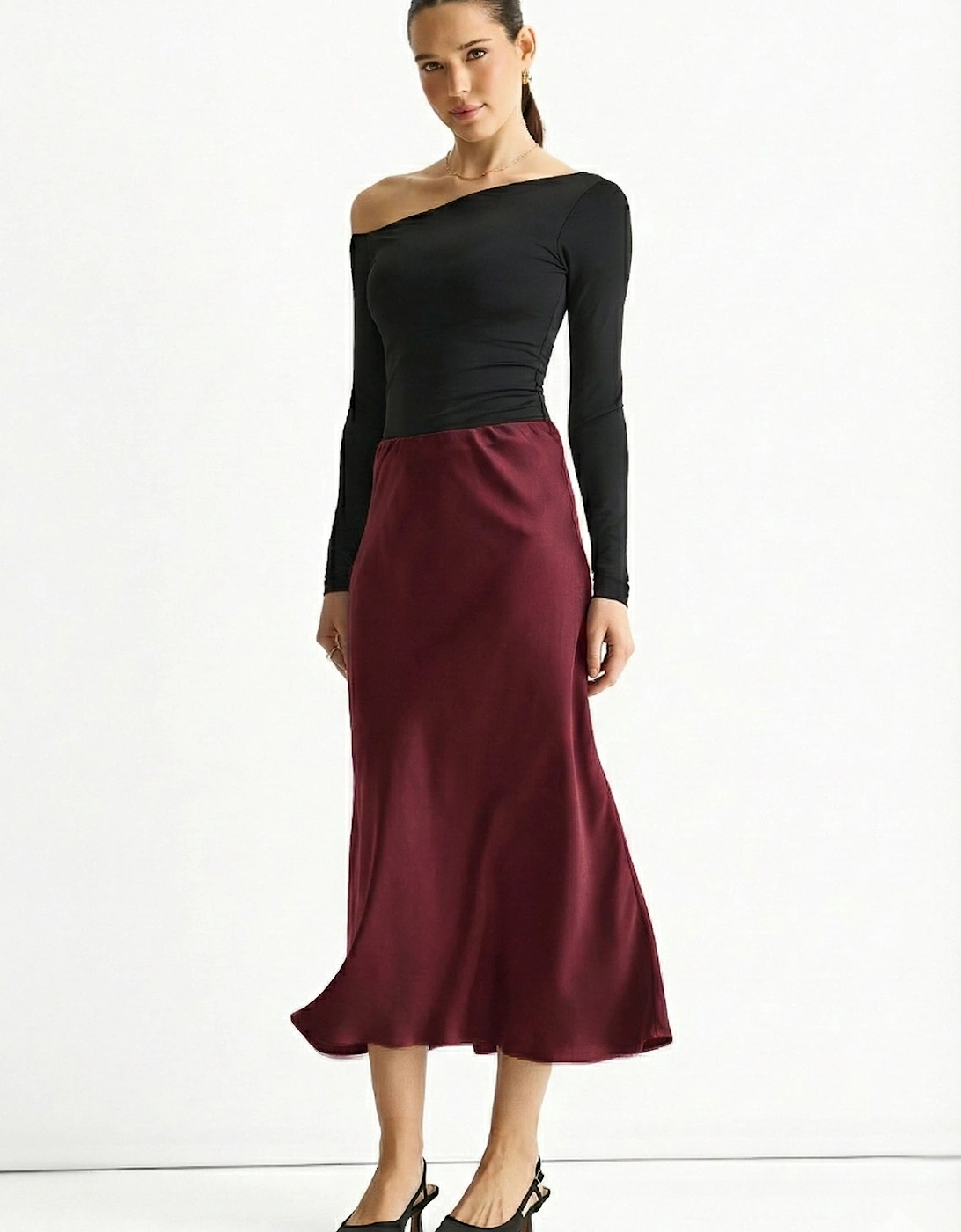 Burgundy Bias Midi Skirt