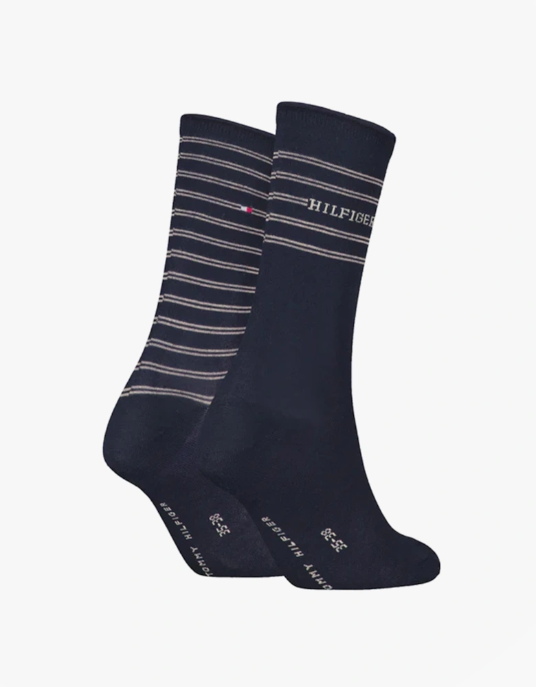 2 Pack Stripe Womens Crew Socks Navy