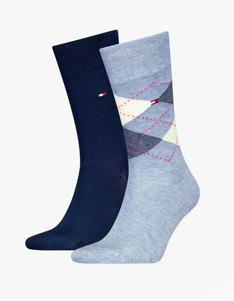 2 Pack Mens Crew Checked Socks Blue Combo
