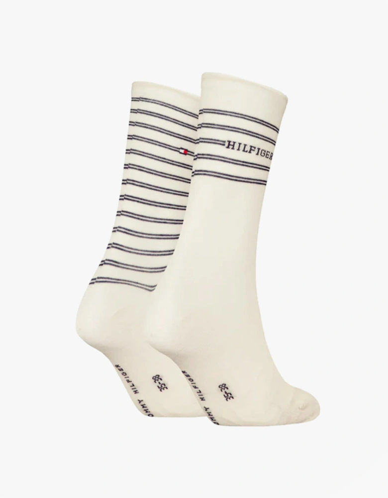 2 Pack Stripe Womens Crew Socks White