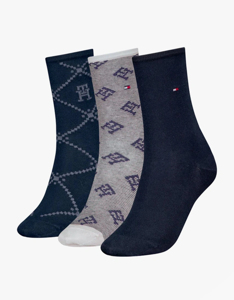 3 Pack Giftboxed Monogram Womens Crew Socks Navy