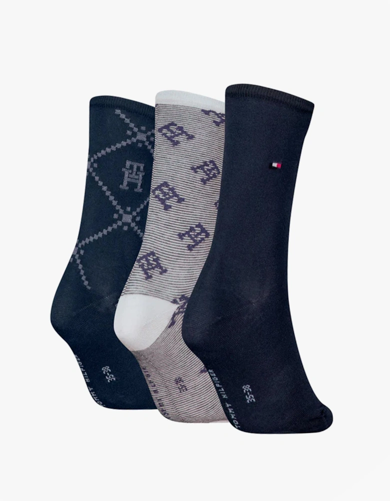 3 Pack Giftboxed Monogram Womens Crew Socks Navy