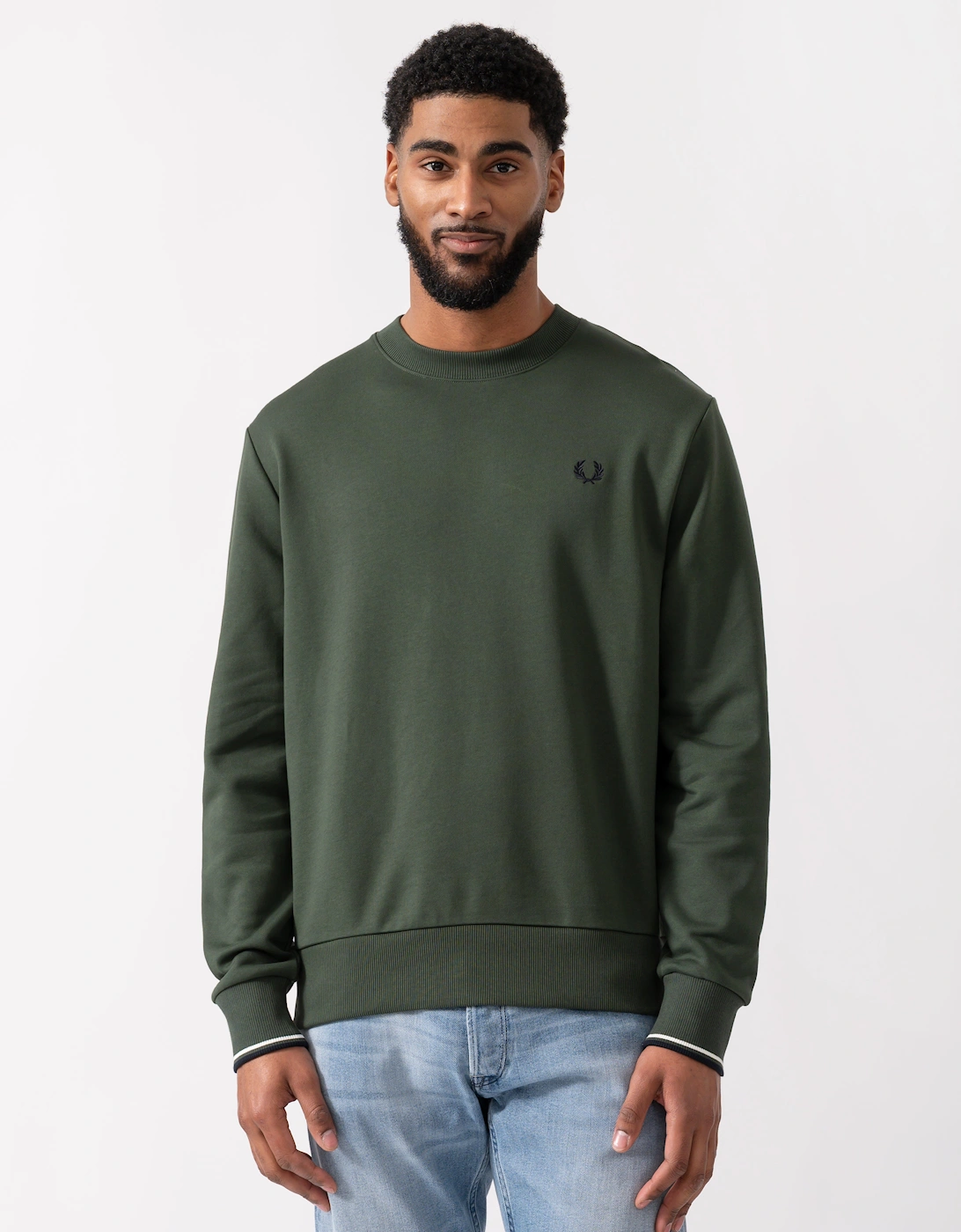 Men's Fred Perry Mens Crew Neck Sweatshirt - Court Green/Snow White/Navy 53A - Anchor Grey Tennis Ball Yellow - Size: XL