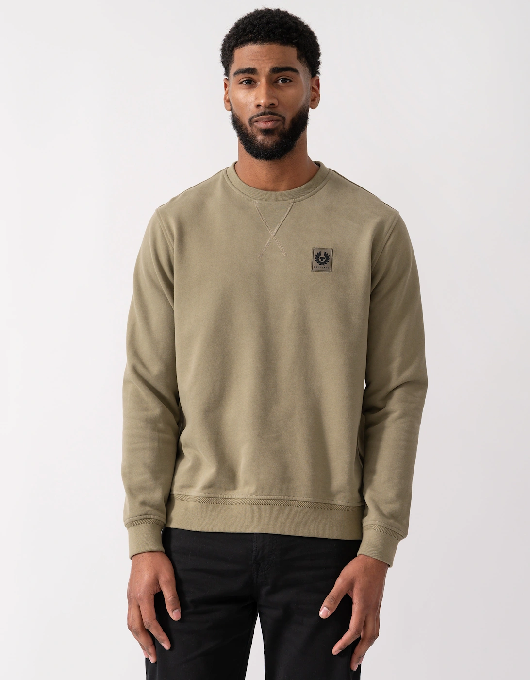 Belstaff Men's Tan Crew Neck Sweatshirt With Logo Patch - Fatigue Green  38 M