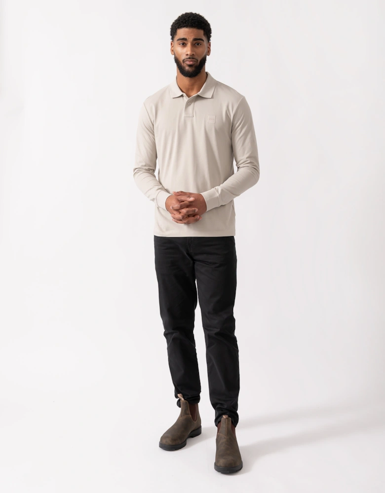 BOSS Orange Passerby Mens Long Sleeve Stretch-Cotton Polo Shirt with Logo Patch - Open Grey 070