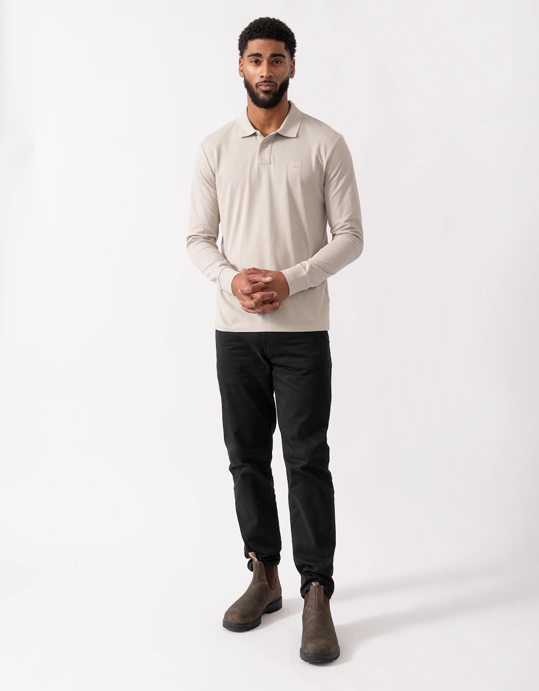 BOSS Orange Passerby Mens Long Sleeve Stretch-Cotton Polo Shirt with Logo Patch - Open Grey 070