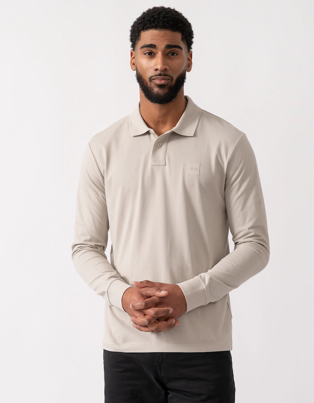 BOSS Orange Passerby Mens Long Sleeve Stretch-Cotton Polo Shirt with Logo Patch - Open Grey 070, 5 of 4