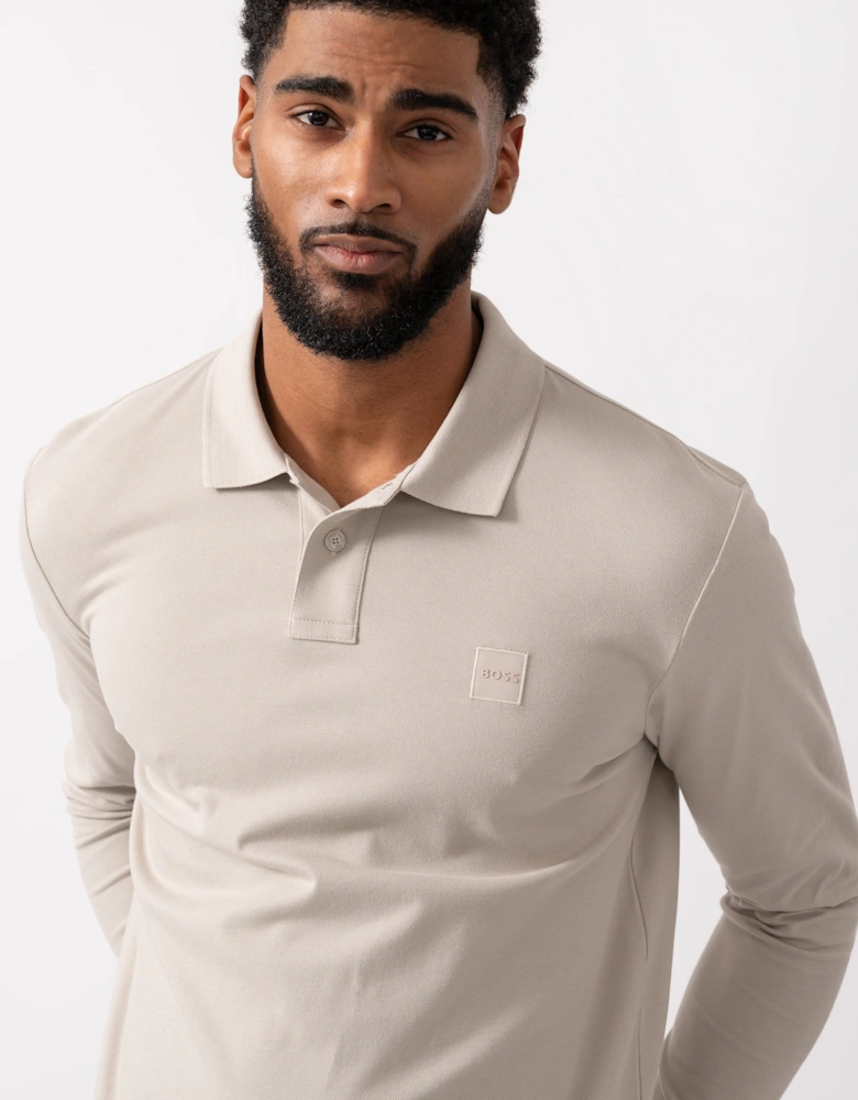 BOSS Orange Passerby Mens Long Sleeve Stretch-Cotton Polo Shirt with Logo Patch - Open Grey 070