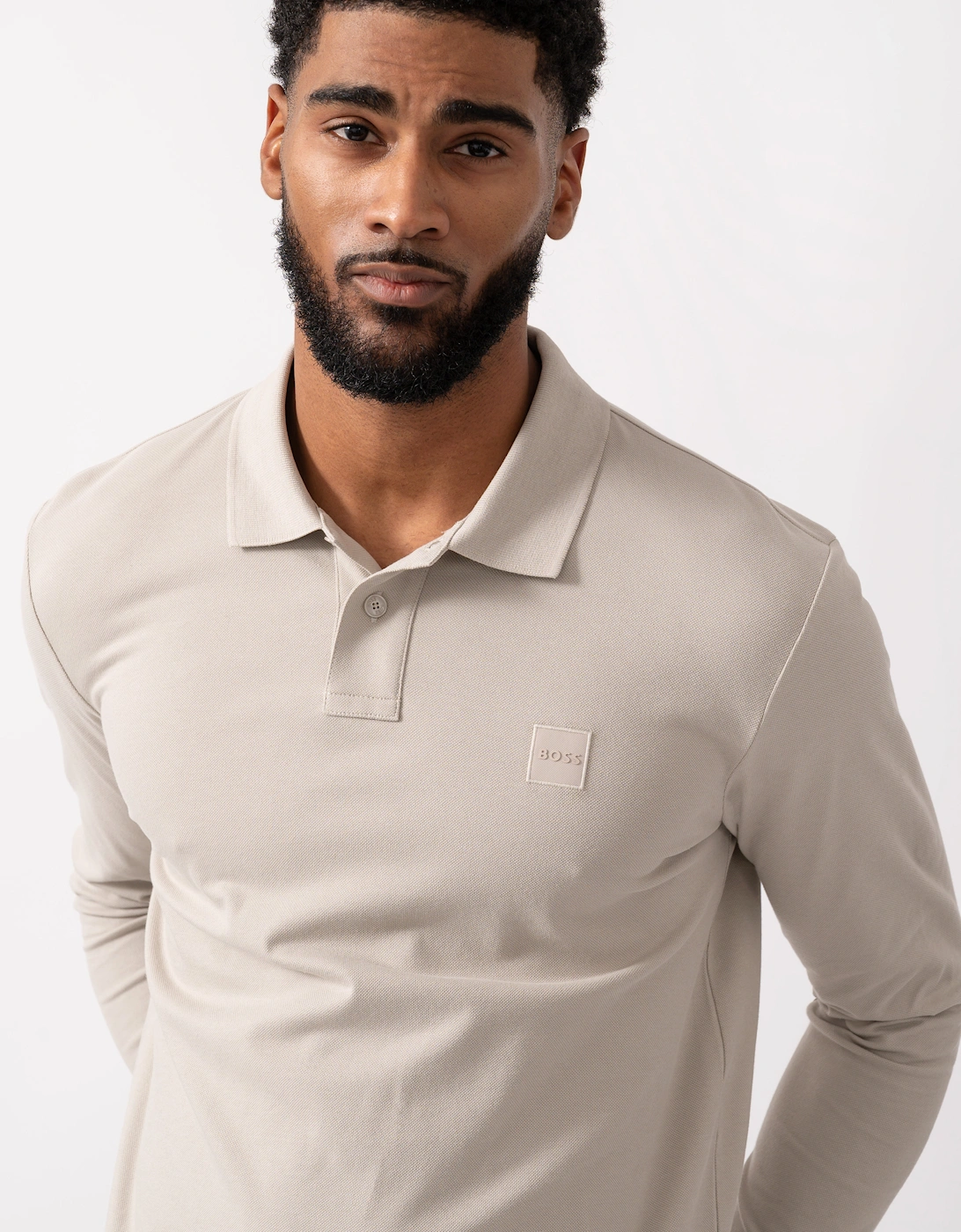 BOSS Orange Passerby Mens Long Sleeve Stretch-Cotton Polo Shirt with Logo Patch - Open Grey 070