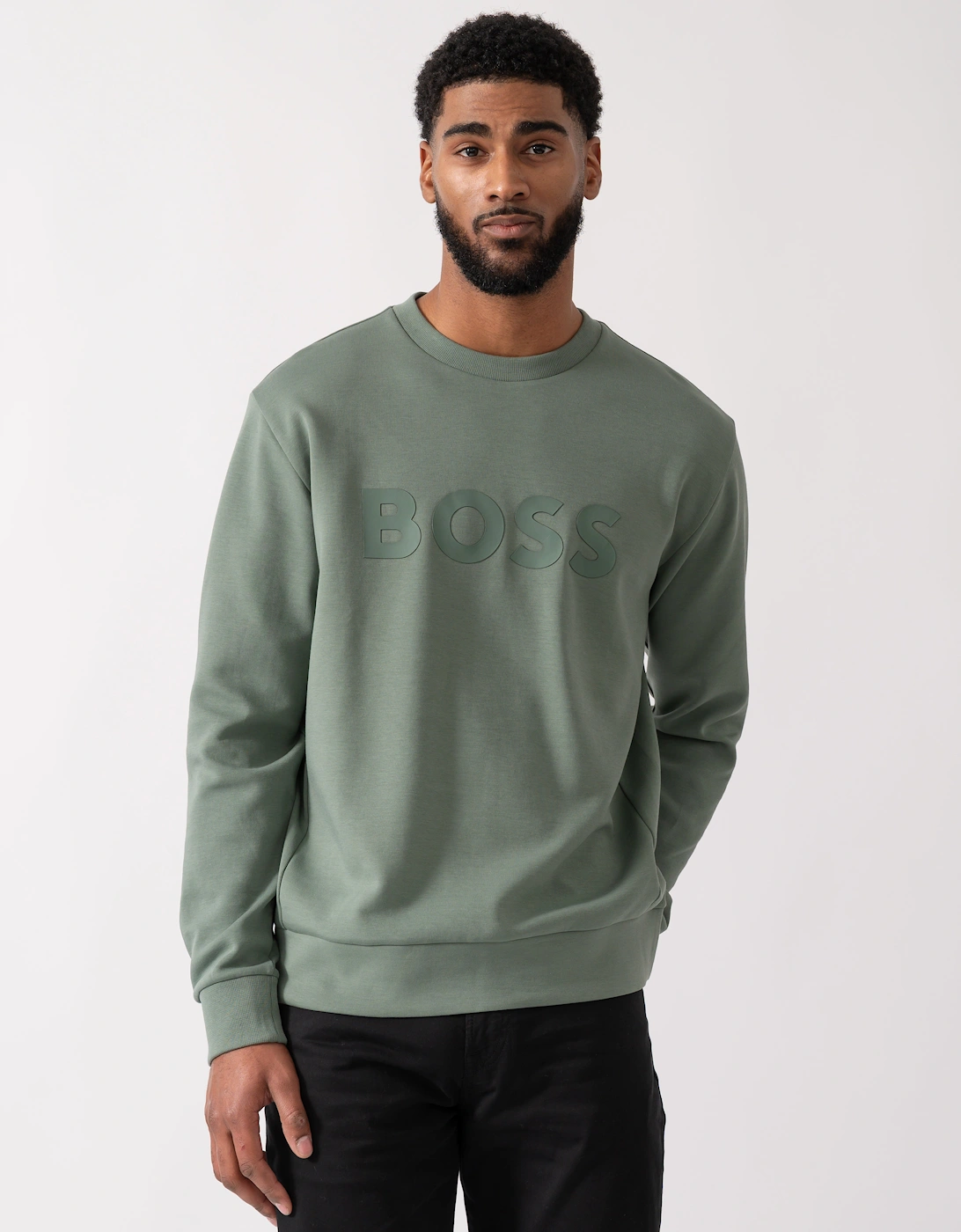 BOSS Green Salbo Mens Stretch-Cotton Sweatshirt with Sandwich Print Logo - Open Green 358, 5 of 4