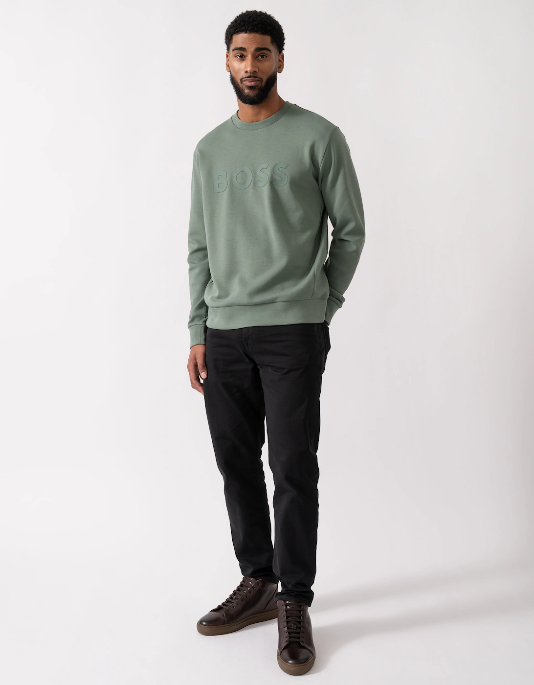 BOSS Green Salbo Mens Stretch-Cotton Sweatshirt with Sandwich Print Logo - Open Green 358