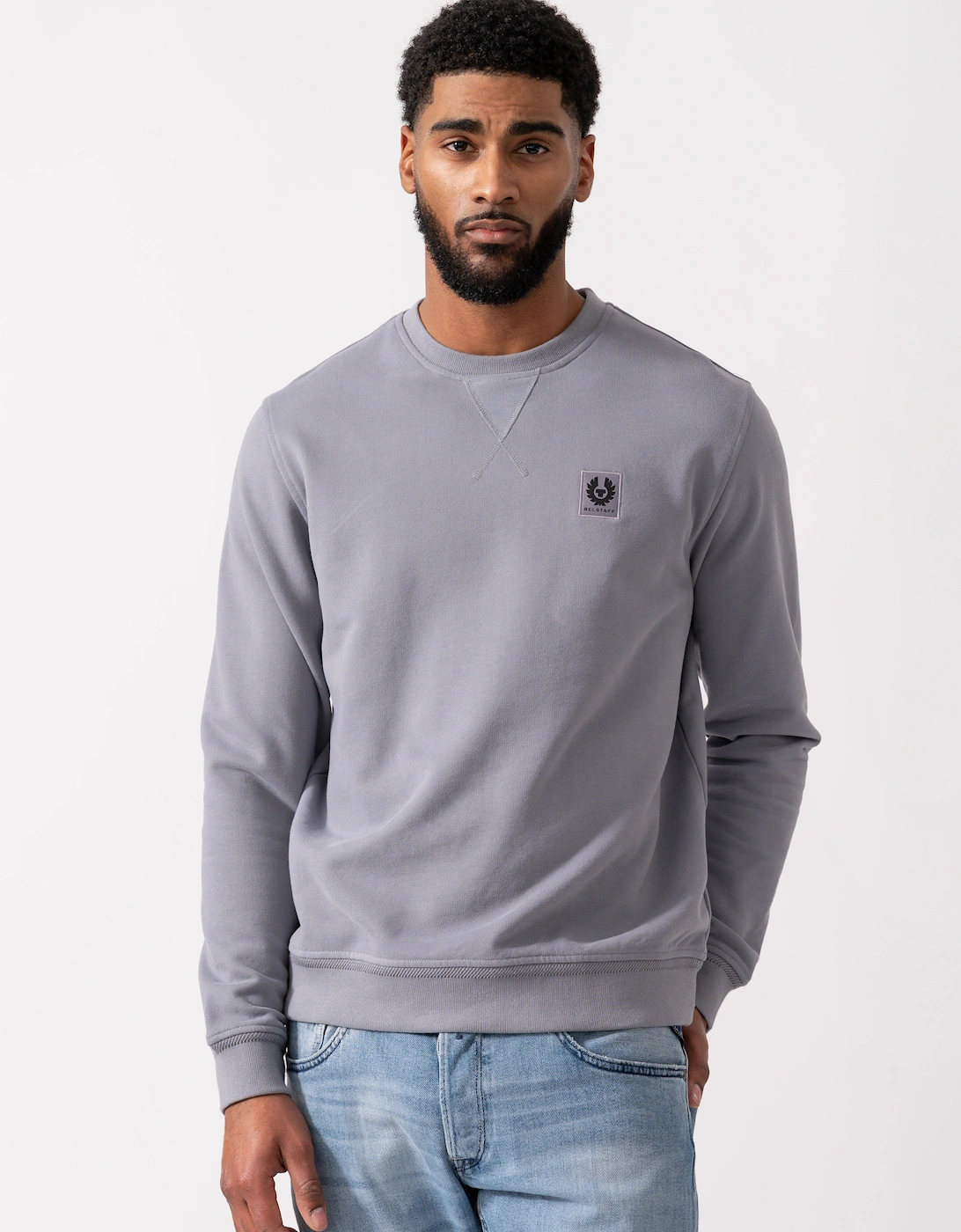 Belstaff Men's Blue Crew Neck Sweatshirt With Logo Patch - Faded Indigo  38 M
