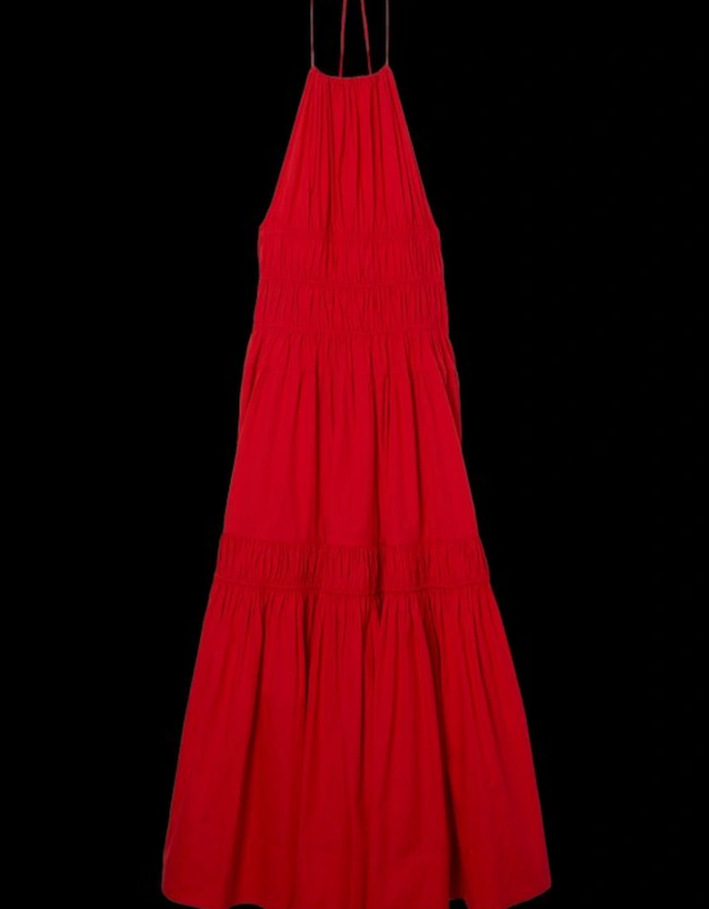 Shirred Cotton Tiered Halter Neck Woven Maxi Dress