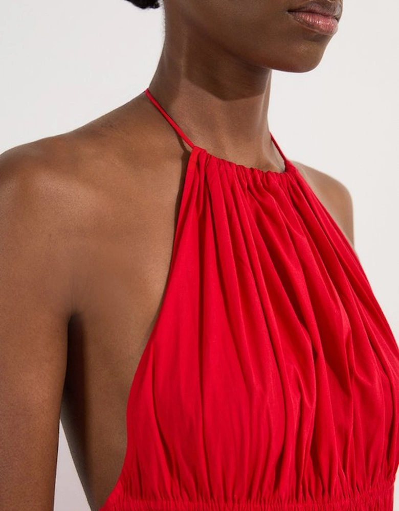 Shirred Cotton Tiered Halter Neck Woven Maxi Dress