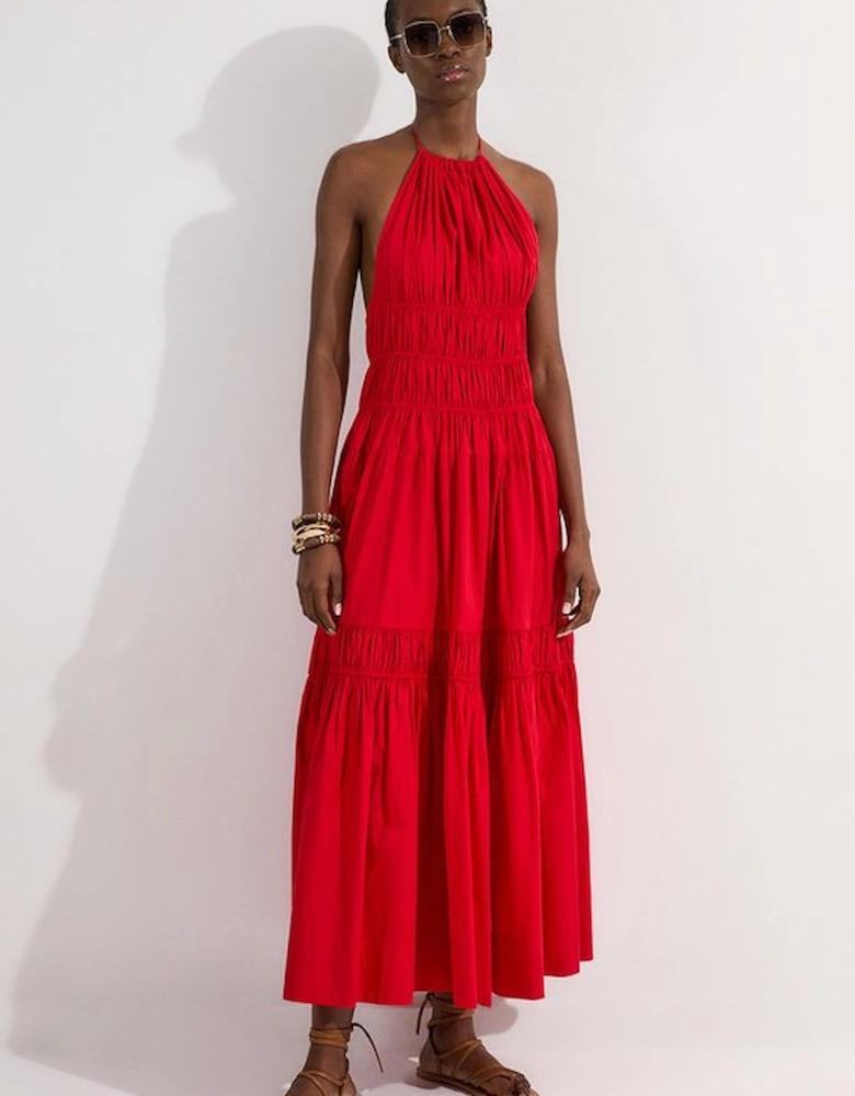 Shirred Cotton Tiered Halter Neck Woven Maxi Dress
