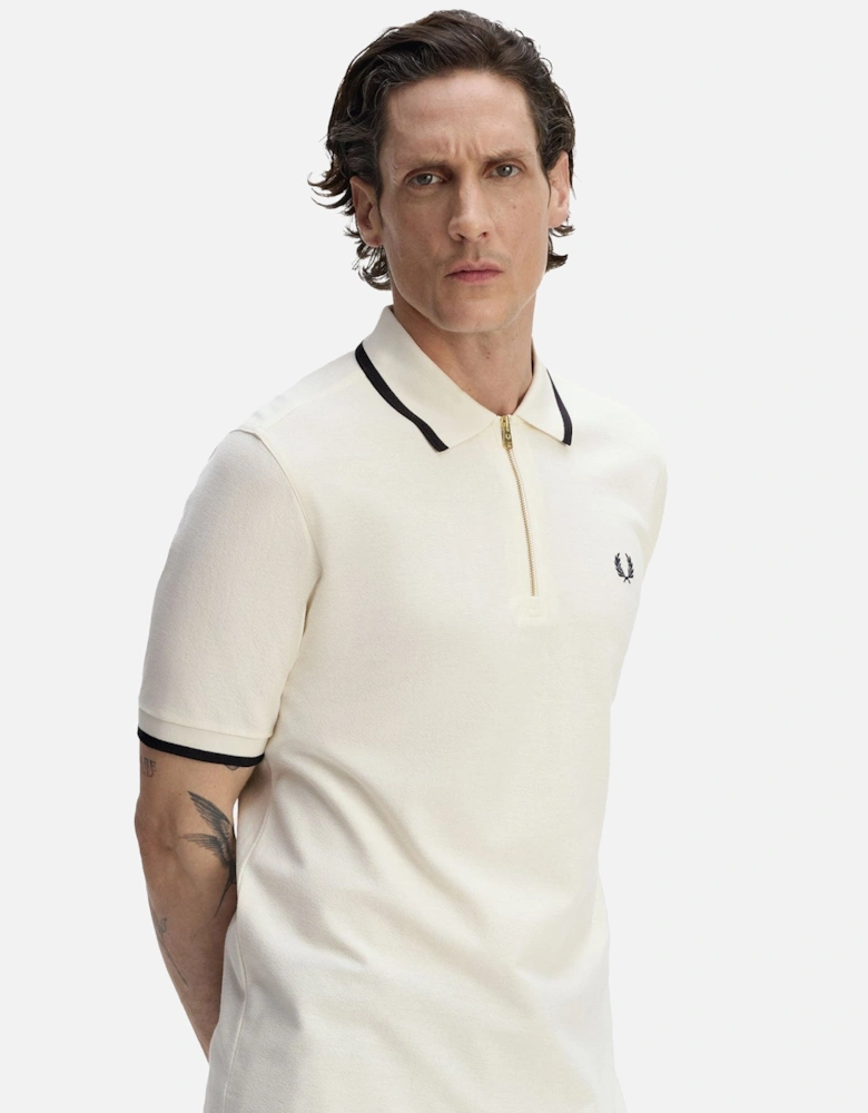 Crepe Pique Zip Neck Polo Shirt Ecru